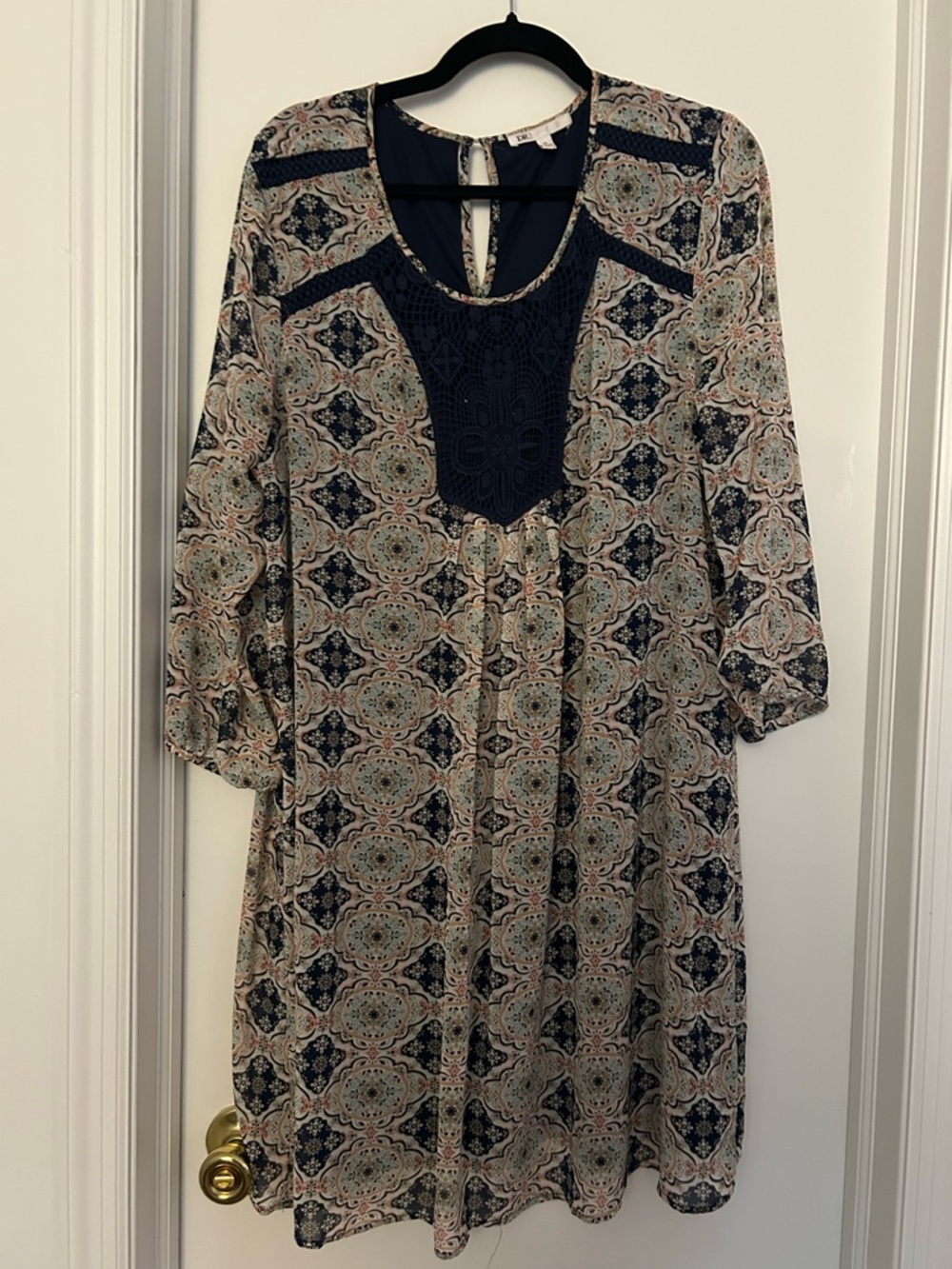 DR2 Navy and Cream Boho Long Sleeve Dress